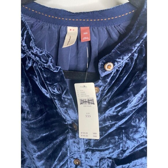 Anthropologie Pilcro Puff Sleeved Navy Blue Velvet Buttondown Shirt Size XXS NEW - Picture 6 of 6